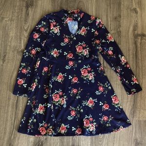 Navy blue long sleeves soft floral dress